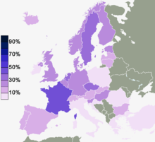 Percentage of people in various European countries who said: "I don't believe there is any sort of spirit, God or life force." (2010) Europe No Belief enhanced 2010.png