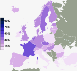 Percentages of people in European countries with no belief in any sort of spirit, god, or life force (Eurobarometer 2010) Europe No Belief enhanced 2010.png