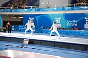 Deutsch: Fechten bei den Olympischen Jugend-Sommerspielen 2018: Tag 1, 7. Oktober 2018, Jungen, Säbel, Finale - Krisztián Rabb (HUN) - Hyun Jun (KOR) (USA) 15:13 English: Fencing at the 2018 Summer Youth Olympics at 7 October 2018 – Boys' sabre Gold medal match – Krisztián Rabb (HUN) Vs Hyun Jun (KOR) (USA) 15:13