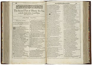 First page of The second Part of Henry the Sixt, with the death of the Good Duke Humfrey from the First Folio (1623). First-page-first-folio-2henry6.jpg