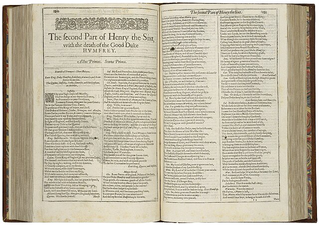 First page of The second Part of Henry the Sixt, with the death of the Good Duke Humfrey from the First Folio (1623).