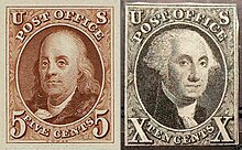 First U.S. postage stamps, authorized by Congress March 3, 1847. Earliest known use of the 5C/ Franklin is July 7, 1847, and the 10C/ Washington is July 2, 1847. First US Stamps 1847 Issue.jpg