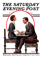 Cover of The Saturday Evening Post's May 1, 1920, issue by illustrator Norman Rockwell. The cover features a white background with a couple framed by a red circular outline. A young woman with short red hair is sitting opposite a young man in a suit. They are both using a ouji board. The young man is guiding the woman's hands on the board, presumably to influence the outcome to her question. F. Scott Fitzgerald's name and several other writers appear at the bottom of the cover.