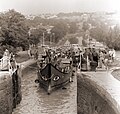 Modern reconstruction of an ancient Greek rowing warship leaves the Fonserannes Locks, 1992.