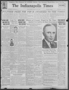 Front page of the May 8, 1928 issue of the Indianapolis Times, lauding its Pulitzer Prize for covering the Ku Klux Klan in Indiana. Front page of the May 8, 1928 issue of the Indianapolis Times.png