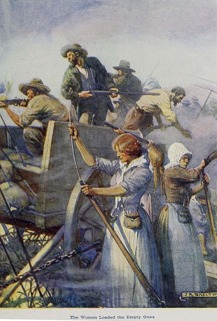 Gravure (1909) représentant les femmes boers rechargeant les fusils derrière les chariots en laager.