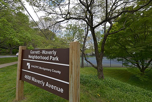 The sign for Garrett-Waverly Neighborhood Park, Garrett Park, MD