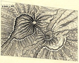 Vulkanmassiv Gede-Pangrango. Ausschnitt der Gipfelregion. Aufgenommen im Jahr 1842. Aus: Java, seine Gestalt, Pflanzendecke und innere Bauart, Band 2