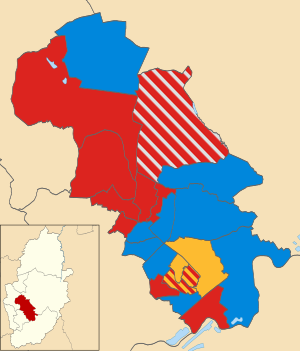 Map of the results of the 2003 Gedling council election. Conservatives in blue, Labour in red, Liberal Democrats in yellow and Independent in grey. Gedling UK local election 2003 map.svg