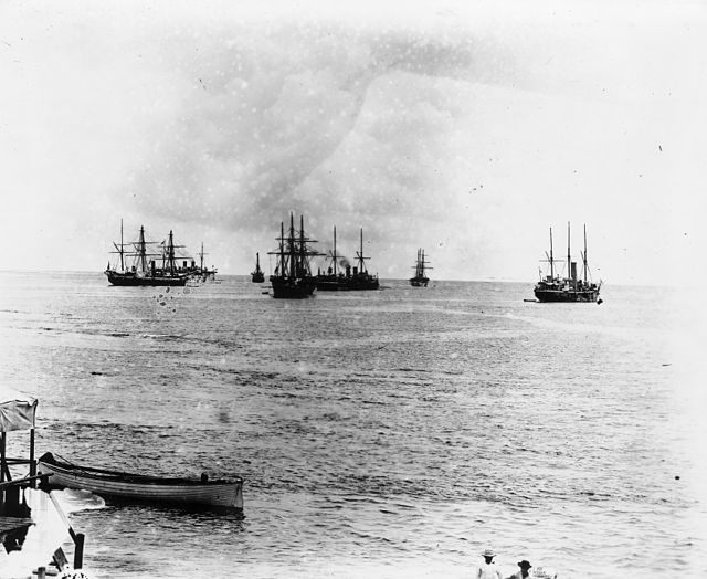 German, British, and American warships in Apia harbour, 1899