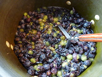 Like Concord (pictured), Termarina rossa has been historically used in jam and syrup production. Grape Jam - Mashing Concord grapes.jpg