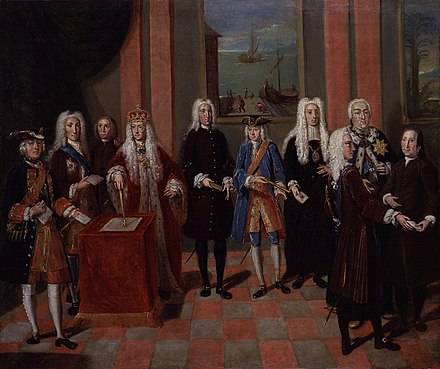 Portrait of a group of Moravian Church members with King George II of Great Britain, attributed to Johann Valentin Haidt, c. 1752–1754