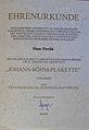 1983.Mai. Ehrenurkunde. Der Österr. Gewerkschaftsbund verleiht Hans Pawlik die „Johann-Böhm-Plakette“.