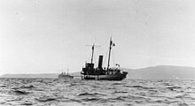 USS Wadena (SP-158) at anchor in either the Azores or Bermuda, c. 1918. The ship in the left distance is probably a Royal Navy cruiser. H45260.jpg