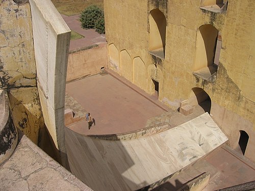 Half of the Samrat Yantra ("supreme instrument"), an enormous marble sundial at the heart of the Jantar Mantar, Jaipur Observatory, India