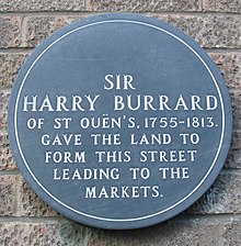 Harry Burrard inherited land in Saint Helier and enabled the construction of a road Harry Burrard plaque Jersey.jpg