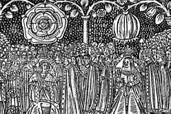 Հենրի VIII-ի և Եկատերինա Արագոնացու թագադրումը, որը կնքվում է նրանց հերալդիկ խորհրդանիշներով՝ Թյուդորների վարդով և նռան պտուղով՝ իսպանացիների կողմից նվաճված Գրանադայի խորհրդանիշով: 16-րդ դարի փորագրություն։