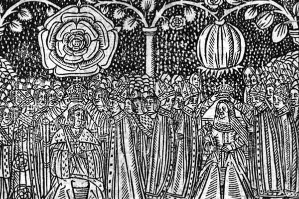 16th-century woodcut of the coronation of Henry VIII of England and Catherine of Aragon showing their heraldic badges, the Tudor Rose and the Pomegran