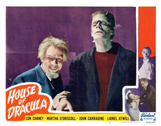 A lobby card for House of Dracula featuring Lionel Atwill and Glenn Strange