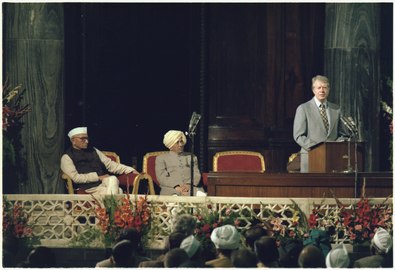 Indian Prime Minister Morarji Desai listens to U.S President Jimmy Carter as he addresses the Indian Parliament House in 1978.