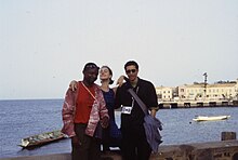 Fatmi at Dakar Biennale in 2000 (with Goddy Leye and Sandrine Dole [it]) Isola-goree-sandrine-goddy-mounir.JPG