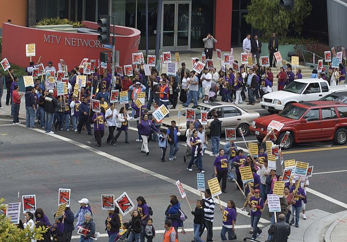 Janitorial workers exercising their right to protest in front of the MTV building in Santa Monica, California.