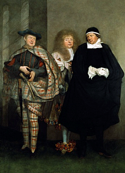 Triple portrait of John Lacy by John Michael Wright, 1668-70. Lacy is in three of his most celebrated roles. From left to right: the lead from Sauny the Scot: or The Taming of The Shrew (Lacy's own adaptation from Shakespeare performed at the Theatre Royal in 1667); Monsieur Device from The Country Chaplain (by the Duke of Newcastle); and Parson Scruple from The Cheats (by John Wilson).