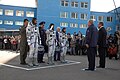 Os tripulantes da Soyuz TMA-11, que integraram a Expedição, na cerimônia de despedida em Baikonur.