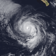 A photograph of a powerful hurricane well off the Pacific coast of Mexico; it has a large, circular eye surrounded by deep convection and well-defined spiral bands