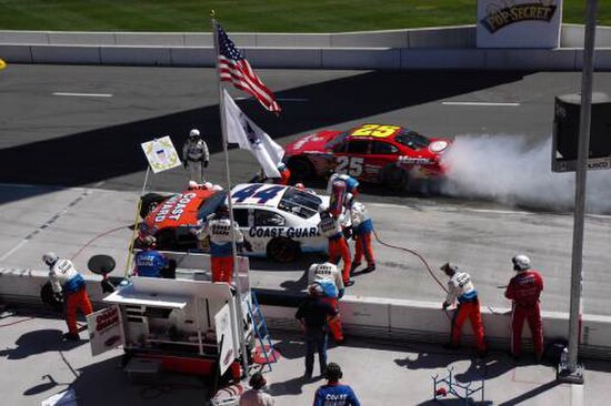 Labonte (No. 44) pits during the 2004 Fontana race