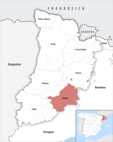 Die Lage des Gerichtsbezirk Cervera in der Provinz Lleida
