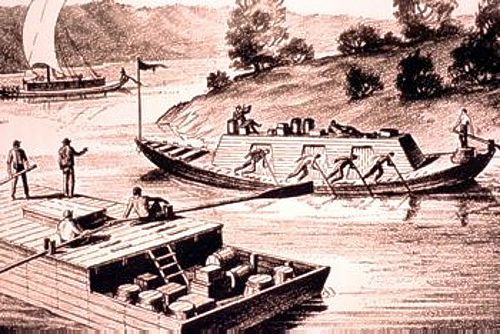 River pirates at Diamond Island preyed on the Ohio River flatboats, keelboats, and rafts, as profitable targets of goods, attacking the crews and pioneers who were easily overwhelmed and killed. Keelboat and flatboat.jpg