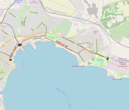 Map of Kerch tram lines with opening dates