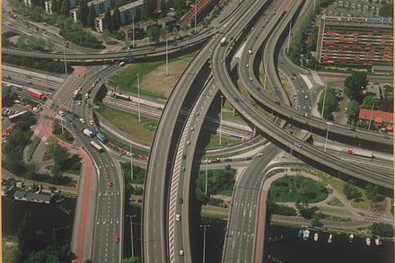 Complex roundabout interchange Kleinpolderplein in Rotterdam, the Netherlands. 51°55′53″N 4°26′19″E﻿ / ﻿51.931498°N 4.438479°E﻿ / 51.931498; 4.438479