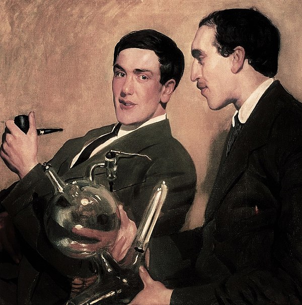 Kapitsa (left) and Nikolay Semyonov, the physics and chemistry Nobel laureates (portrait by Boris Kustodiev, 1921).