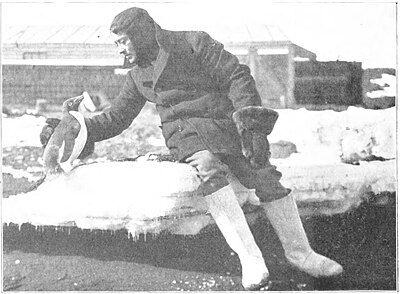 Photo of a man with thick gloves leaning over and petting a penguin on a slab of shore ice