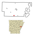 This map shows the incorporated and unincorporated areas in Lee County, Arkansas, highlighting Rondo in red. It was created with a custom script with US Census Bureau data and modified with Inkscape.