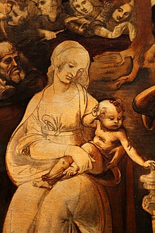 Dessin en grisaille représentant une femme assise portant un enfant. Tous les deux ont les genoux tournés vers la gauche et portent leur regard vers la droite.