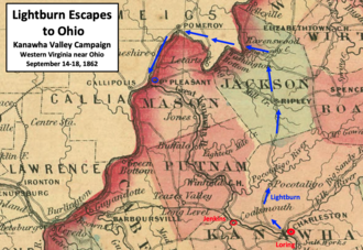 Lightburn retreated north on the Ripley Road instead of risking a confrontation with Jenkins on the road to Point Pleasant. LightburnEscapes2.png