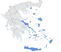 यूनान में एजियन द्वीपसमूह (नीले रंग में वर्णित)