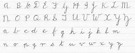 D'Nealian script, a cursive alphabet, shown in lower case and upper case