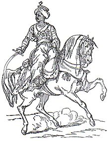 Illustration en noir et blanc représentant un cavalier arabe, coiffé d'un turban et vêtu d'habits orientaux, tenant d'une main les rênes de sa monture et l'autre main tenant son cimeterre.