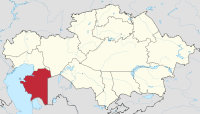 मानचित्र जिसमें मान्गीस्त​ऊ प्रांत Маңғыстау облысы पाव्लोदार ओब्लिसी हाइलाइटेड है