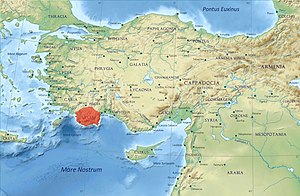 Location of Lycia. Anatolia/Asia Minor in the Greco-Roman period. The classical regions, including Lycia, and their main settlements Map of Lycia.jpg