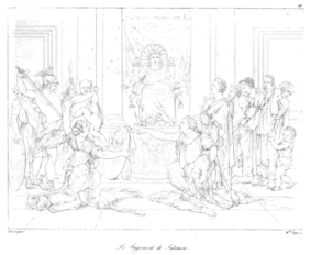Gravure représentant Le Jugement de Salomon de Poussin.