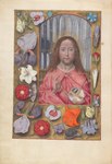 Alexander Bening (?): Salvator Mundi in einem Dekor aus Streublumen, Stundenbuch von Isabella der Katholischen, ca. 1495–1500, Cleveland Museum of Art. Schwertlilien, Rosen, weiße Lilien, Akelei, Veilchen im Rahmendekor sind symbolisch mit Christus verbunden.