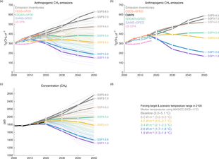 Methane emissions projections for different shared socioeconomic pathways Methane emissions projections.png