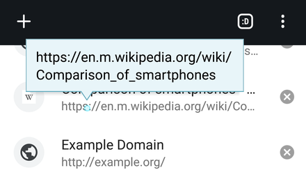 Tooltip in Kiwi Browser, a Google Chromium derirative, reveals the full URL by hovering over the tab list using the stylus on a Samsung Galaxy Note 4.