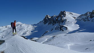 Pic du Thabor on the left, and the Mont Thabor on the right, from the col de Valmenier. Monte Thabor dal col de Valmenier.jpg