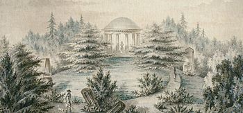 Venstre bilde: Forslag til minnetempel over Gustav III på Monumentholmen av Fredrik Magnus Piper 1697. Høyre bilde: Monumentholmen med det bevarte fundamentet i september 2011.